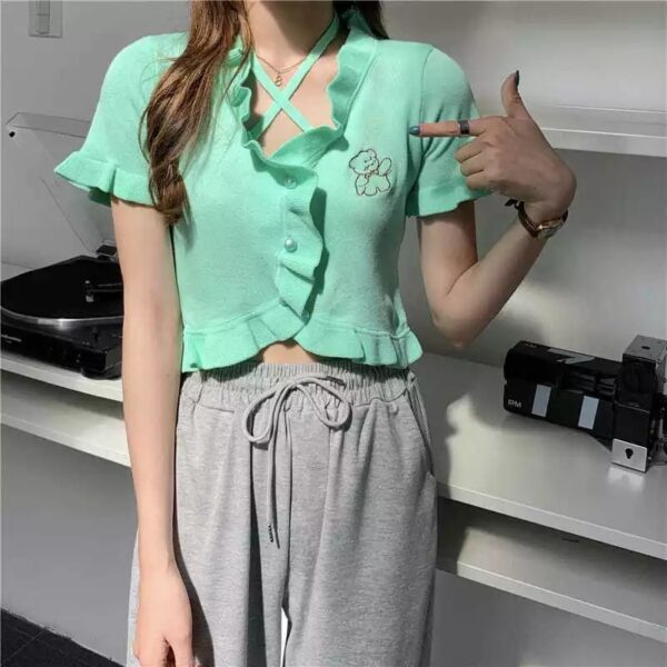 Cute teddy cross strap crop top-Green
