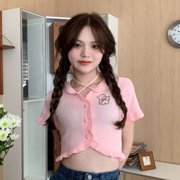 Cute teddy cross strap crop top-baby pink