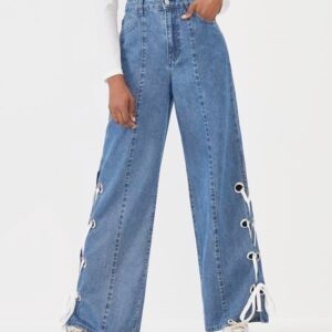 Calf string wide leg jeans-Light blue