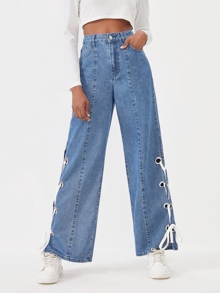 Calf string wide leg jeans-Light blue