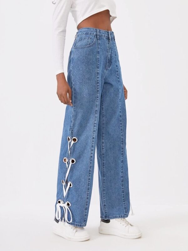 Calf string wide leg jeans-light blue