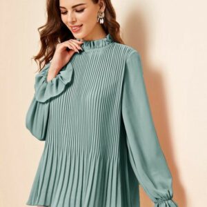 Yana stand collar pleated top-Turquoise